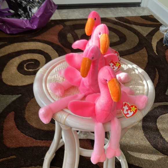 95' TY ORIGINAL BEANIE BABY PINKY THE FLAMINGO  set of 4 - 3 with pvc  pellets - Picture 13 of 16